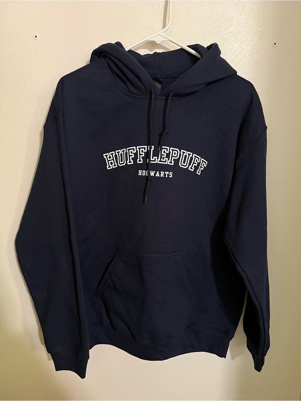 GILDAN Harry Potter Hufflepuff Hogwarts Fleece Hoodie Navy Blue White Men's Sz M